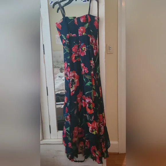 NWT - Shoshanna Midnight Navy And Red Floral Strapless High-Low Dress - Picture 5 of 9